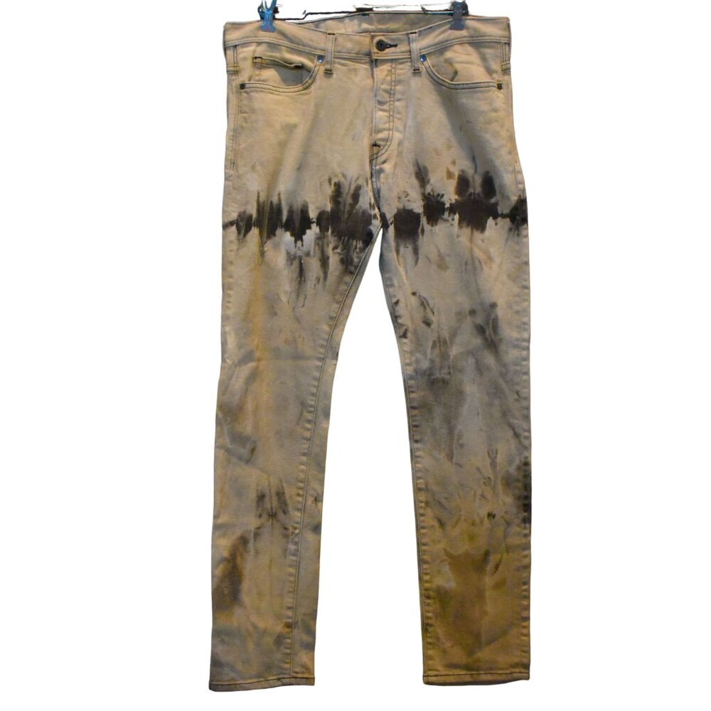 Mens & Denim Slim Low Waist Button Fly Custom Bleach Dye Jeans 32/32